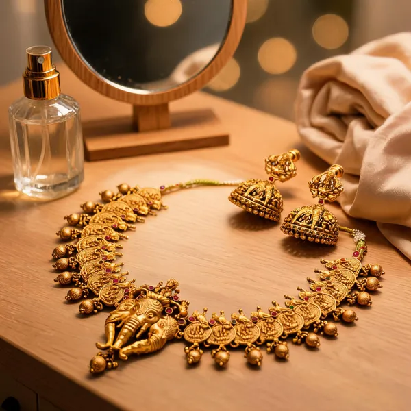 Elephant_Lakshmi_Temple_Short_Necklace_Set_Antique_Finish_Green
