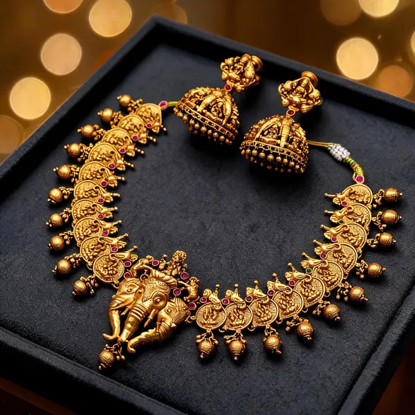Elephant_Lakshmi_Temple_Short_Necklace_Set_Antique_Finish_Green