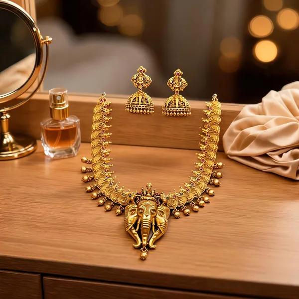 Antique_Gold_Lakshmi_Elephant_Necklace_Set_Red