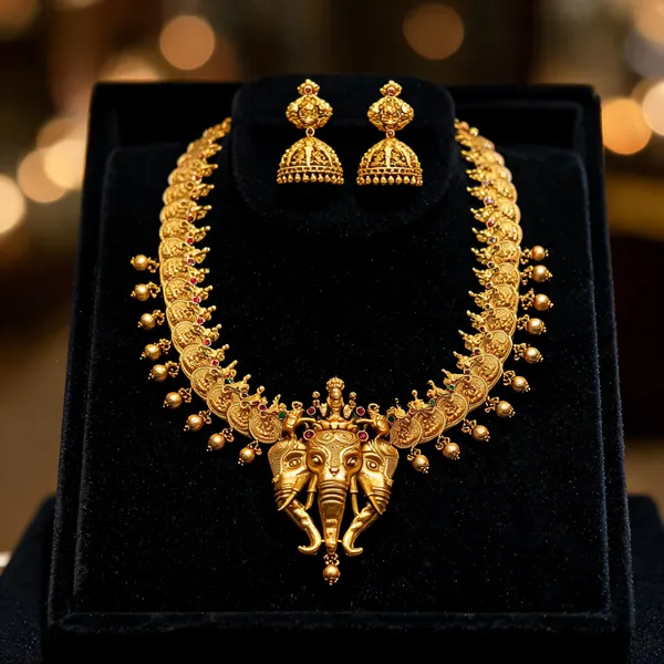Antique_Gold_Lakshmi_Elephant_Necklace_Set_Red