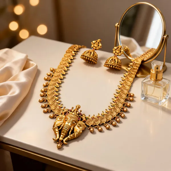 Antique_Gold_Lakshmi_Elephant_Necklace_Set_Green