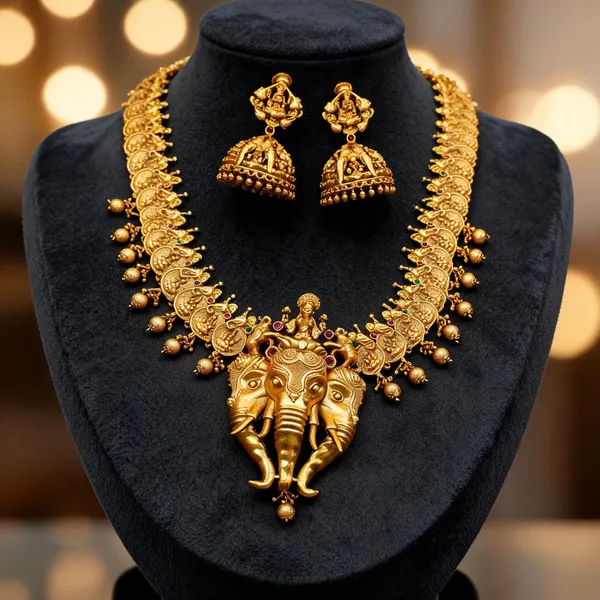 Antique_Gold_Lakshmi_Elephant_Necklace_Set_Green