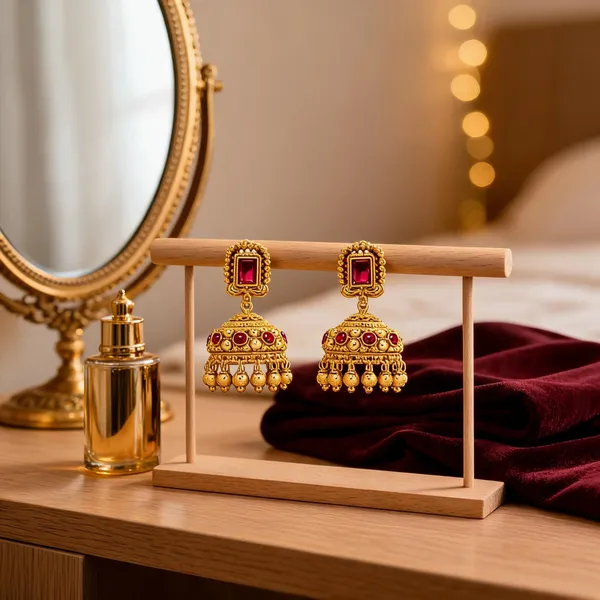 Antique_Small_Gold_Plated_Jhumka_Red