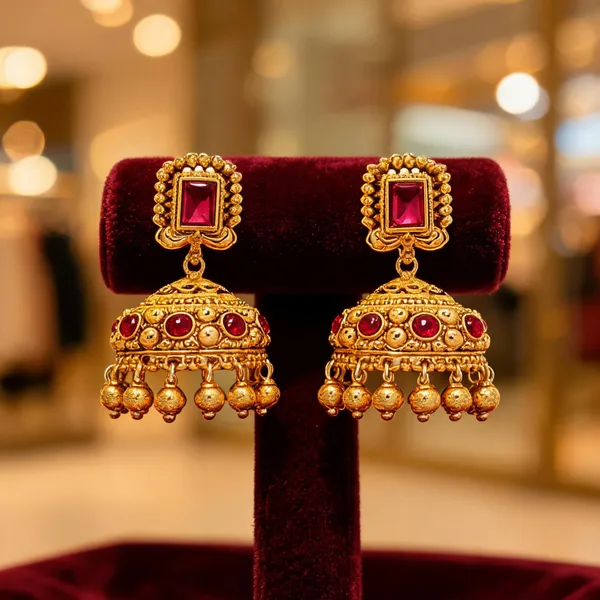 Antique_Small_Gold_Plated_Jhumka_Red