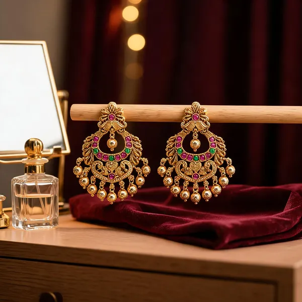 Antique_Chandbali_With_Ruby_Green_Beads_Green