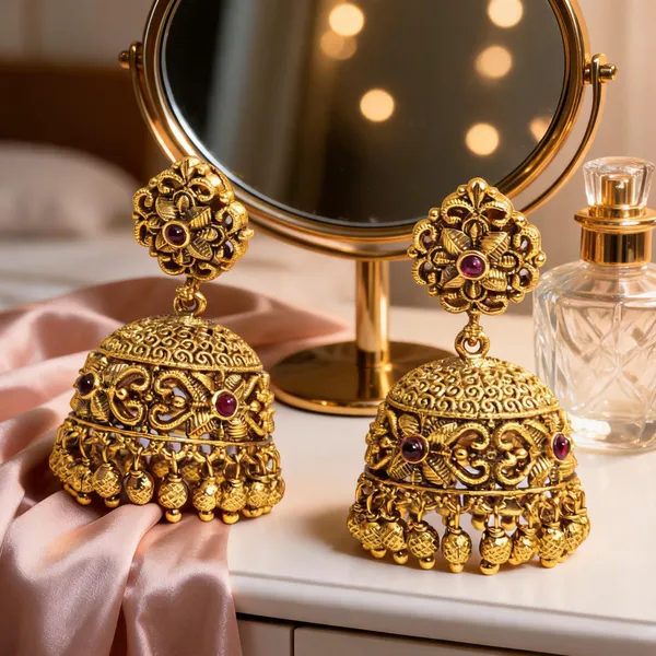 Antique_Gold_Plated_Temple_Jhumka_Red