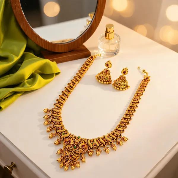 Peacock_Flower_Long_Necklace_Set_Green