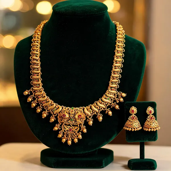 Peacock_Flower_Long_Necklace_Set_Green