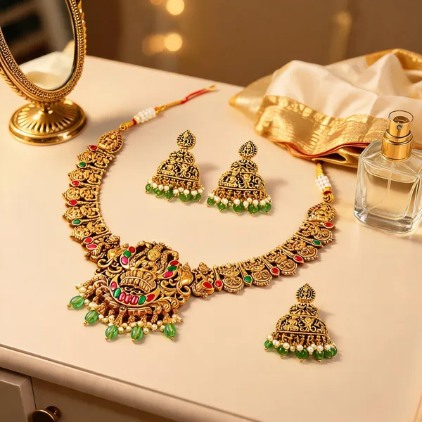 Divine_Lakshmi_Temple_Short_Necklace_Set_Green