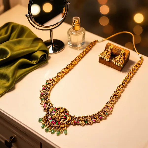 Divine_Lakshmi_Temple_Long_Necklace_Set_Green