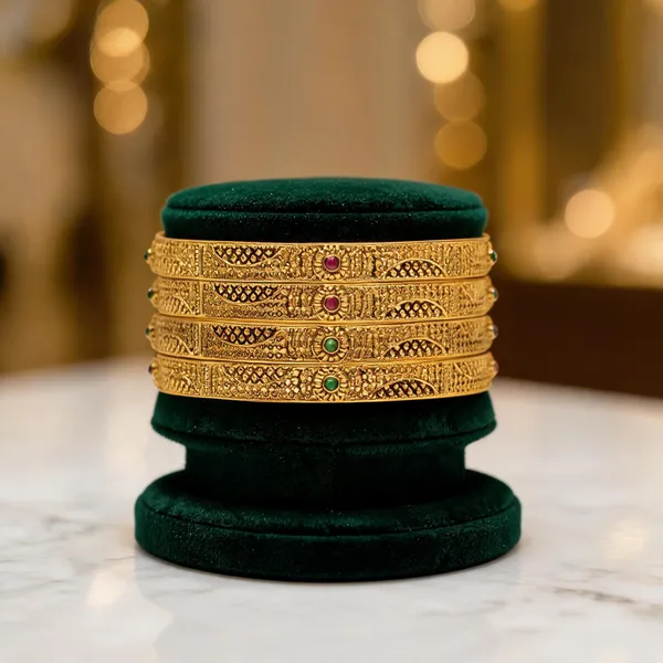 Carved_Antique_Temple_Bangle_Green_Pack_Of_4