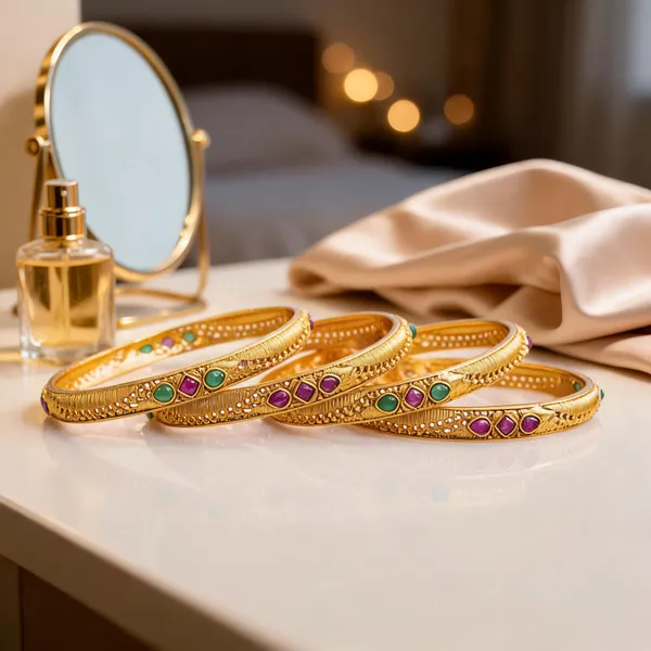 Classic_Gold_Plated_Temple_Bangle_Green_Pack_Of_4