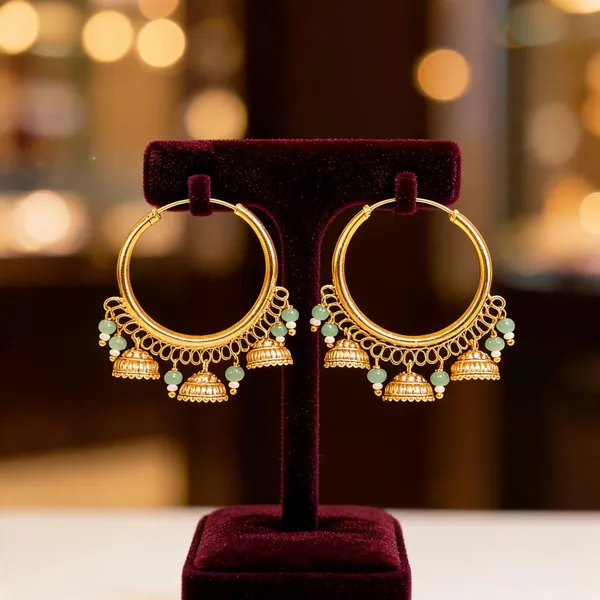 Antique_Gold_Plated_Bali_With_Three_Jhumka_Green