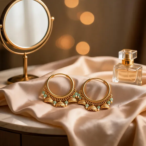 Antique_Gold_Plated_Bali_With_Three_Jhumka_Green