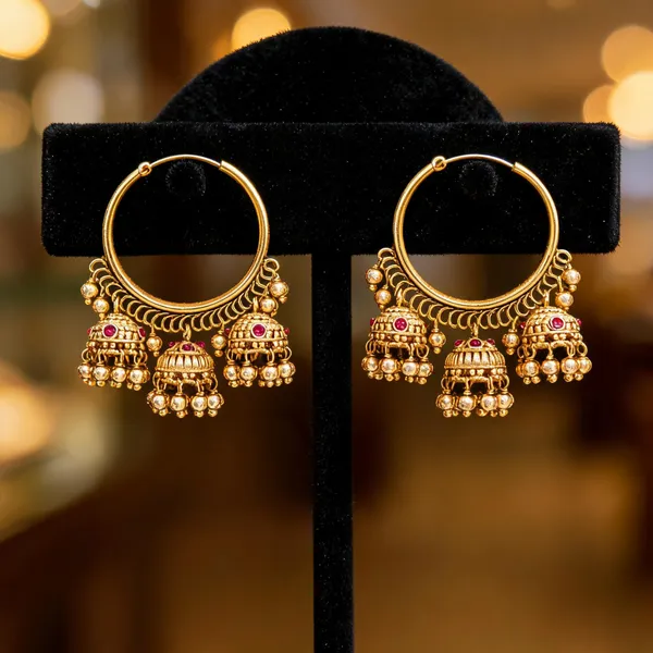 Antique_Gold_Plated_Bali_With_Three_Jhumka_Red