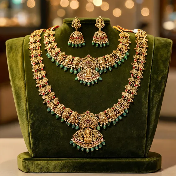Antique_Lakshmi_Temple_Combo_Necklace_Set_With_Green_Beads_Red