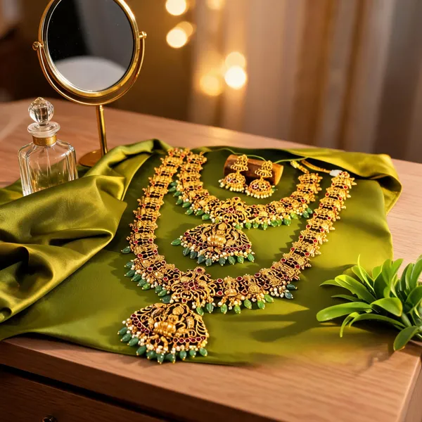 Antique_Lakshmi_Temple_Combo_Necklace_Set_With_Green_Beads_Red