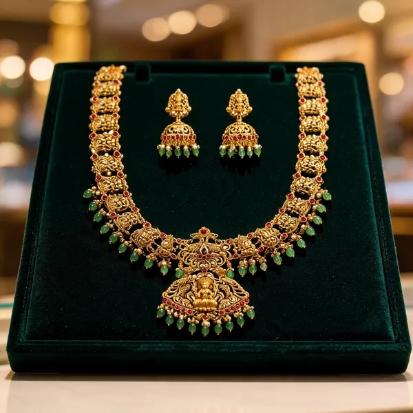 Antique_Lakshmi_Temple_Long_Necklace_Set_With_Green_Beads_Red