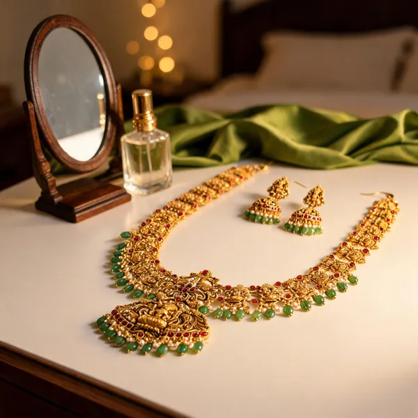 Antique_Lakshmi_Temple_Long_Necklace_Set_With_Green_Beads_Red