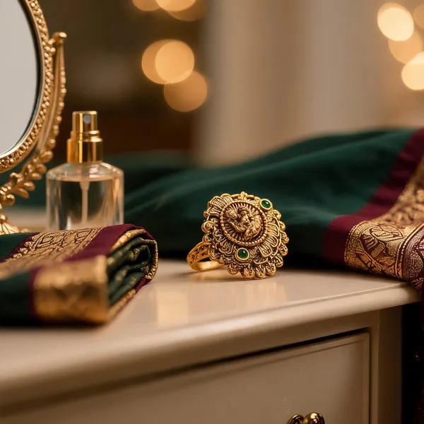 South_Indian_Lakshmi_Gold_Plated_Antique_Ring_Green