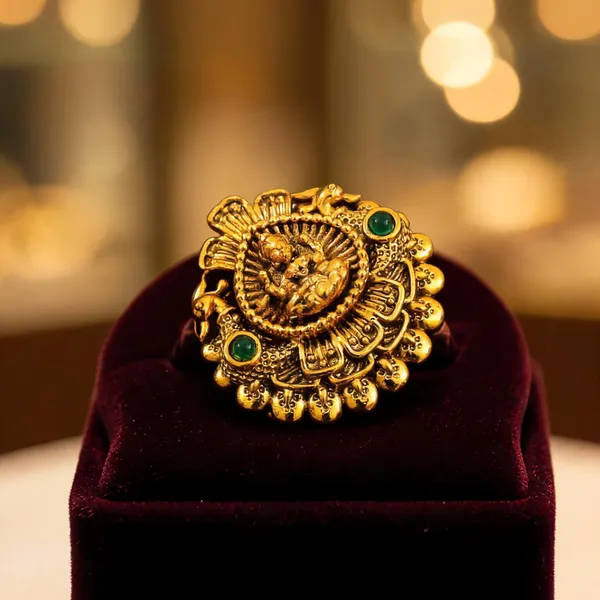 South_Indian_Lakshmi_Gold_Plated_Antique_Ring_Green
