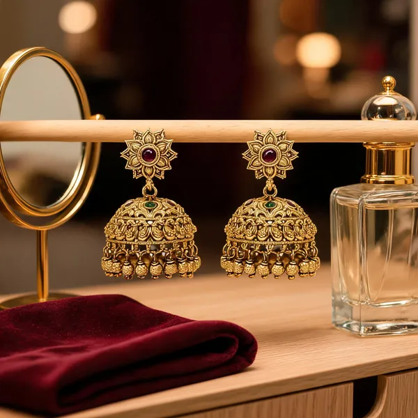 Antique_Temple_Gold_Plated_Jhumka_Red