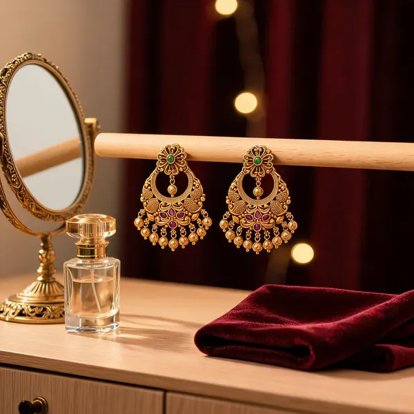 Antique_Gold_Plated_Temple_Chandbali_Red