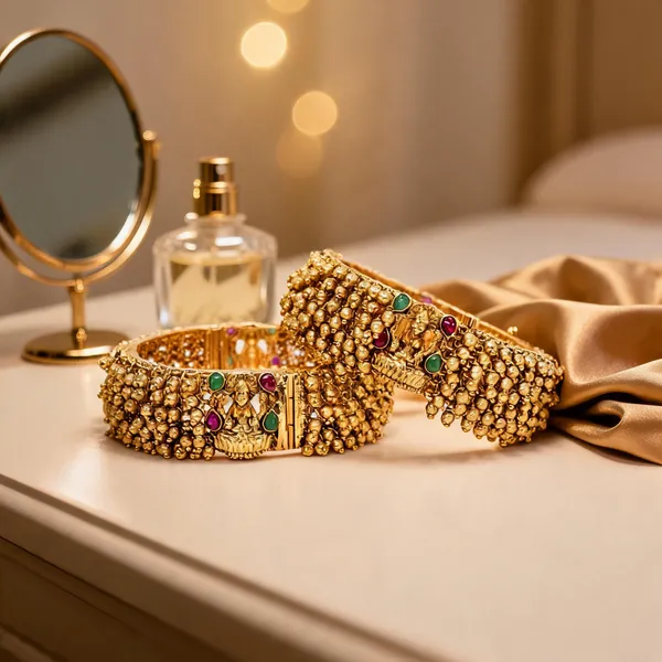 Lakshmi_Lotus_Antique_Gold_Plated_Bangle_Green