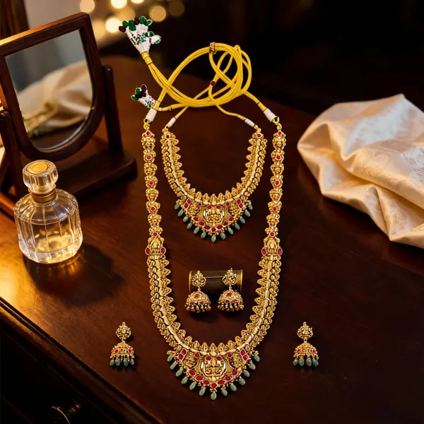 Lakshmi_Temple_Jewellery_Combo_Necklace_Set_Gold_Green