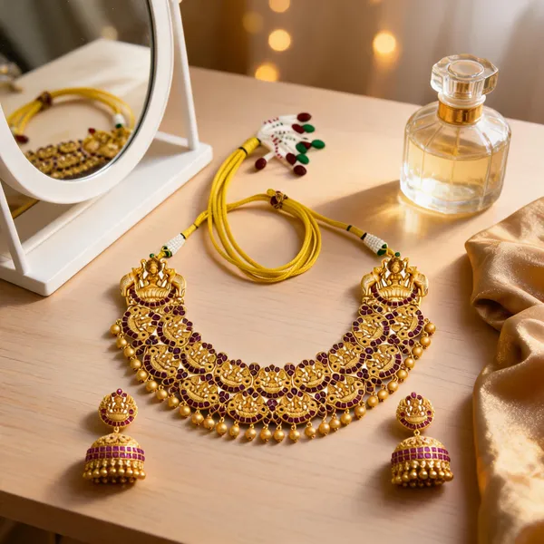 Ruby_Stone_Lakshmi_Temple_Short_Necklace_Set_Red