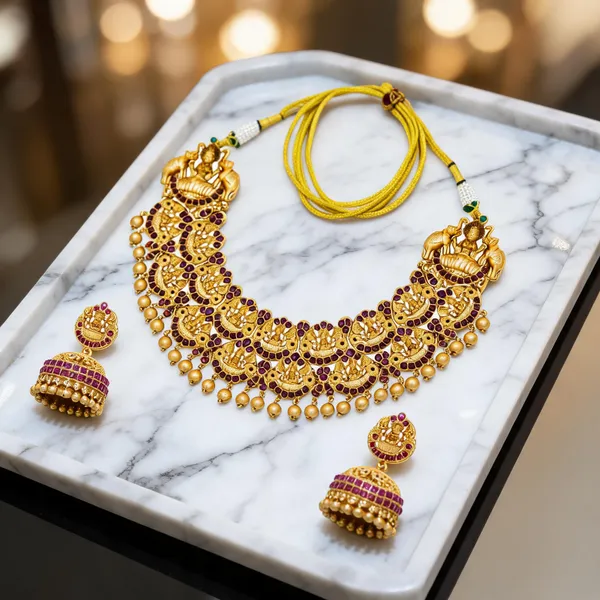 Ruby_Stone_Lakshmi_Temple_Short_Necklace_Set_Red