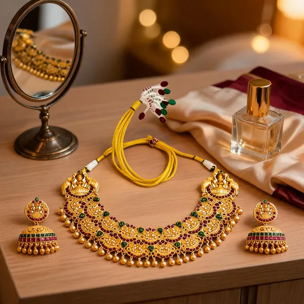 Ruby_Stone_Lakshmi_Temple_Short_Necklace_Set_Green
