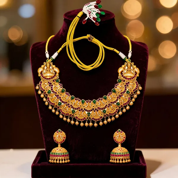 Ruby_Stone_Lakshmi_Temple_Short_Necklace_Set_Green