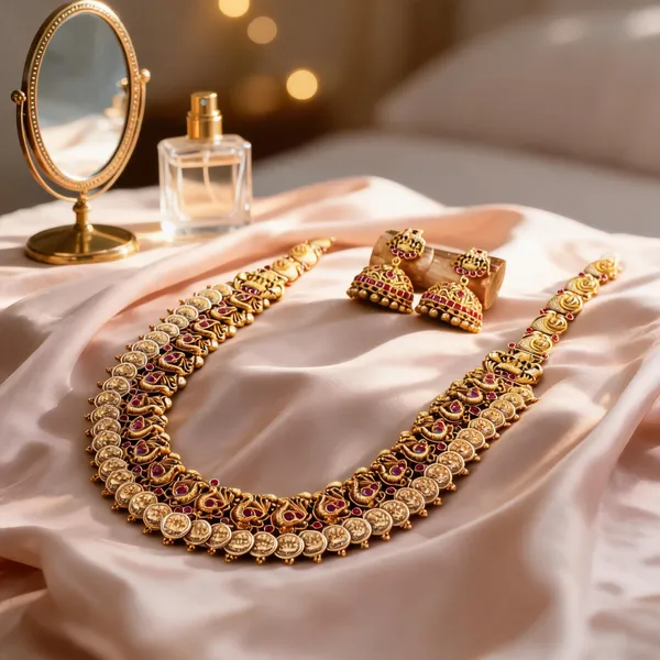 Gold_Plated_Peacock_Motif_Long_Necklace_Set_Red