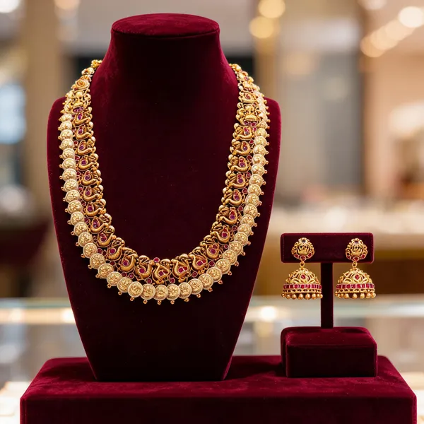 Gold_Plated_Peacock_Motif_Long_Necklace_Set_Red