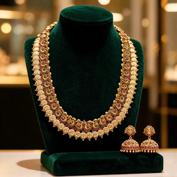Gold_Plated_Peacock_Motif_Long_Necklace_Set_Green