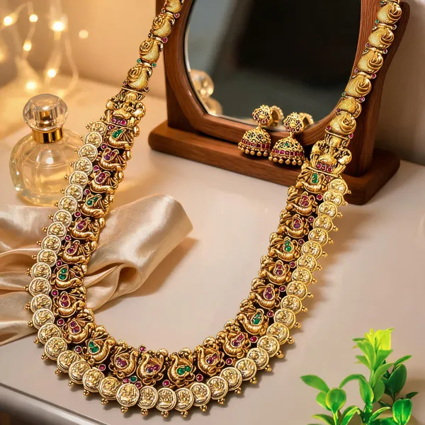 Gold_Plated_Peacock_Motif_Long_Necklace_Set_Green