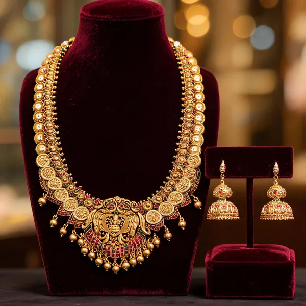 Premium_Gold_Plated_Lakshmi_Temple_Long_Necklace_Set_Green
