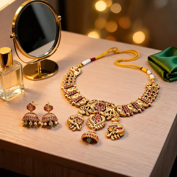 Traditional_Gold_Plated_Elephant_Short_Necklace_Set_Red