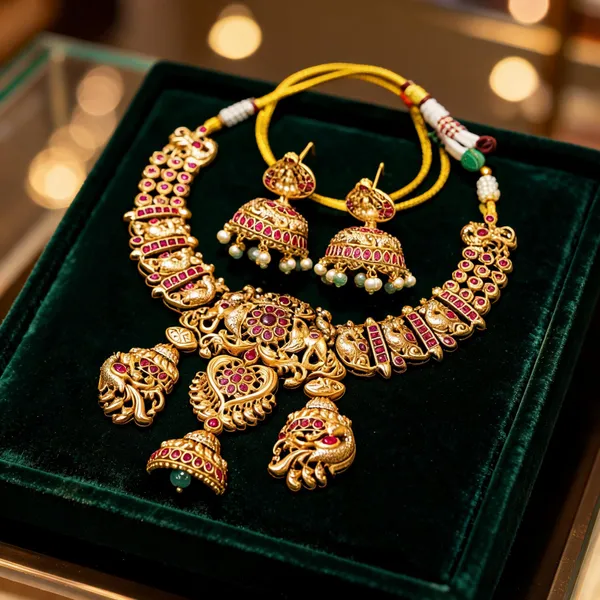 Traditional_Gold_Plated_Elephant_Short_Necklace_Set_Red