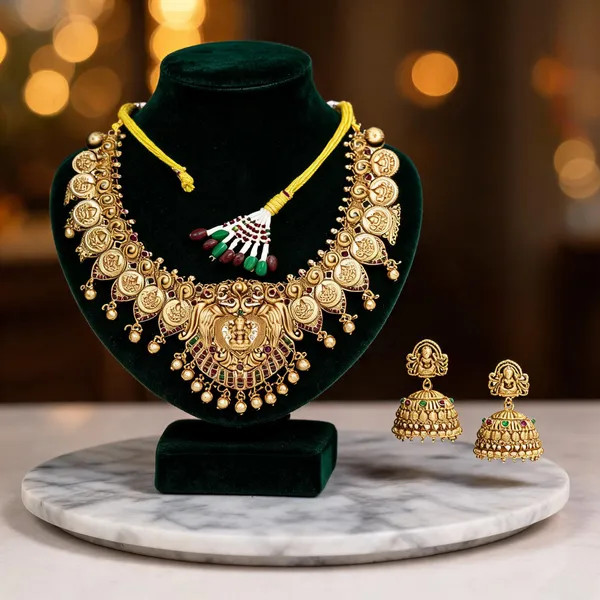 Antique_Lakshmi_Gold_Plated_Short_Necklace_Set_Green