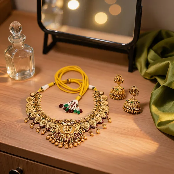 Antique_Lakshmi_Gold_Plated_Short_Necklace_Set_Green