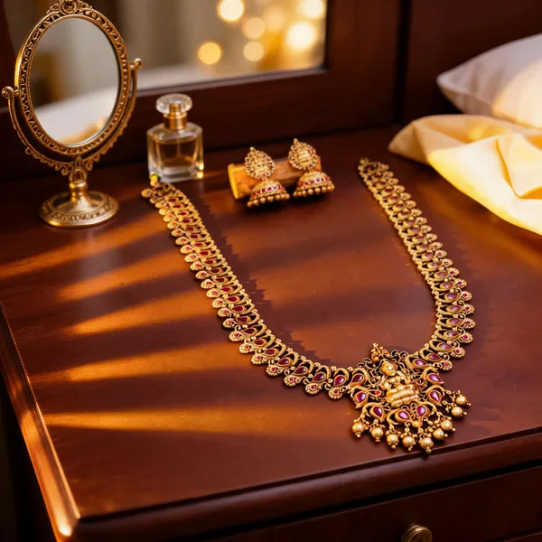 Antique_Lakshmi_Motif_Long_Necklace_Set_Red
