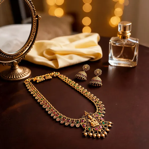 Antique_Lakshmi_Motif_Long_Necklace_Set_Green