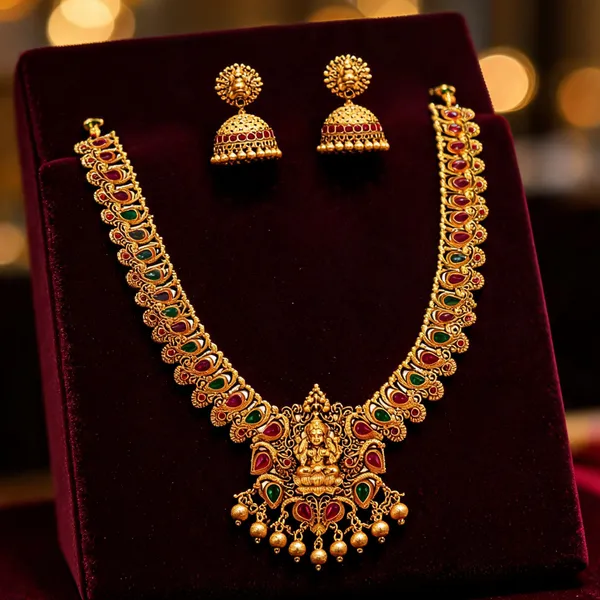 Antique_Lakshmi_Motif_Long_Necklace_Set_Green