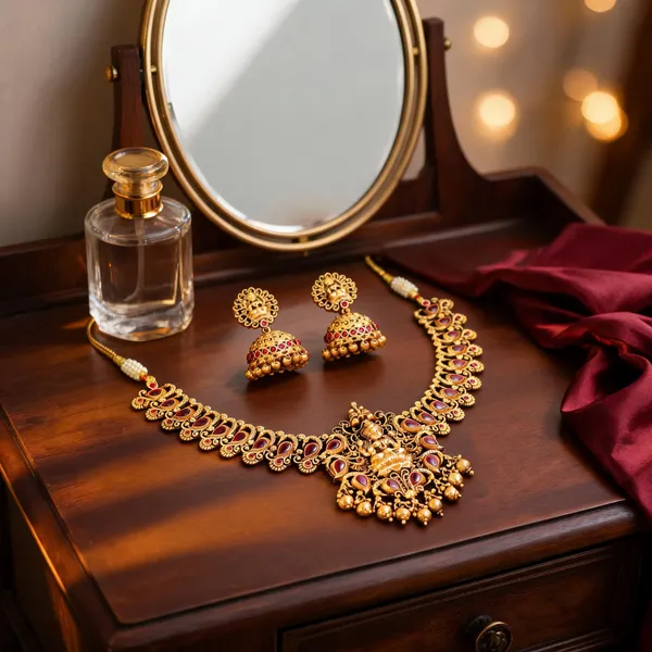 Antique_Lakshmi_Gold_Plated_Short_Necklace_Set_Red