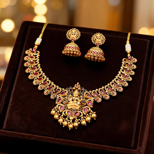 Antique_Lakshmi_Gold_Plated_Short_Necklace_Set_Red