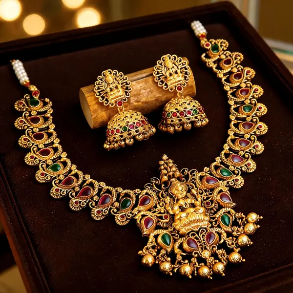 Antique_Lakshmi_Gold_Plated_Short_Necklace_Set_Green