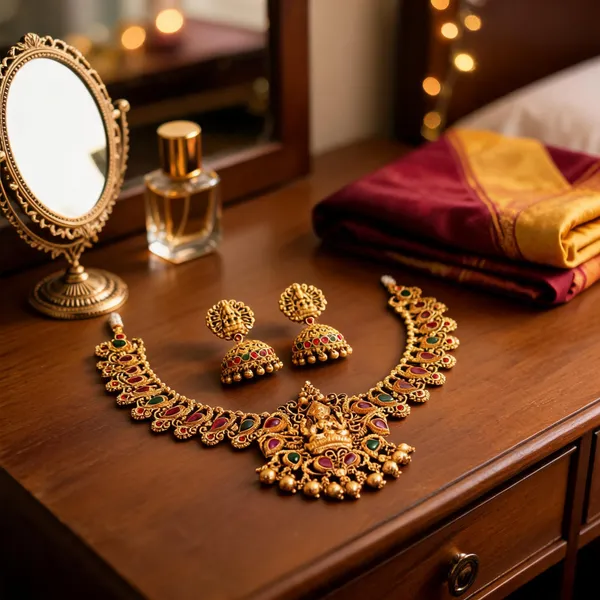 Antique_Lakshmi_Gold_Plated_Short_Necklace_Set_Green