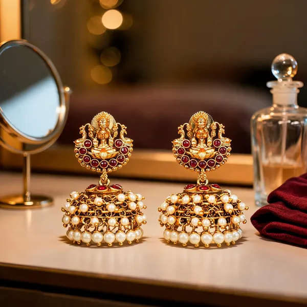 Antique_Temple_Lakshmi_Jhumka_With_Pearl_Drops_Red